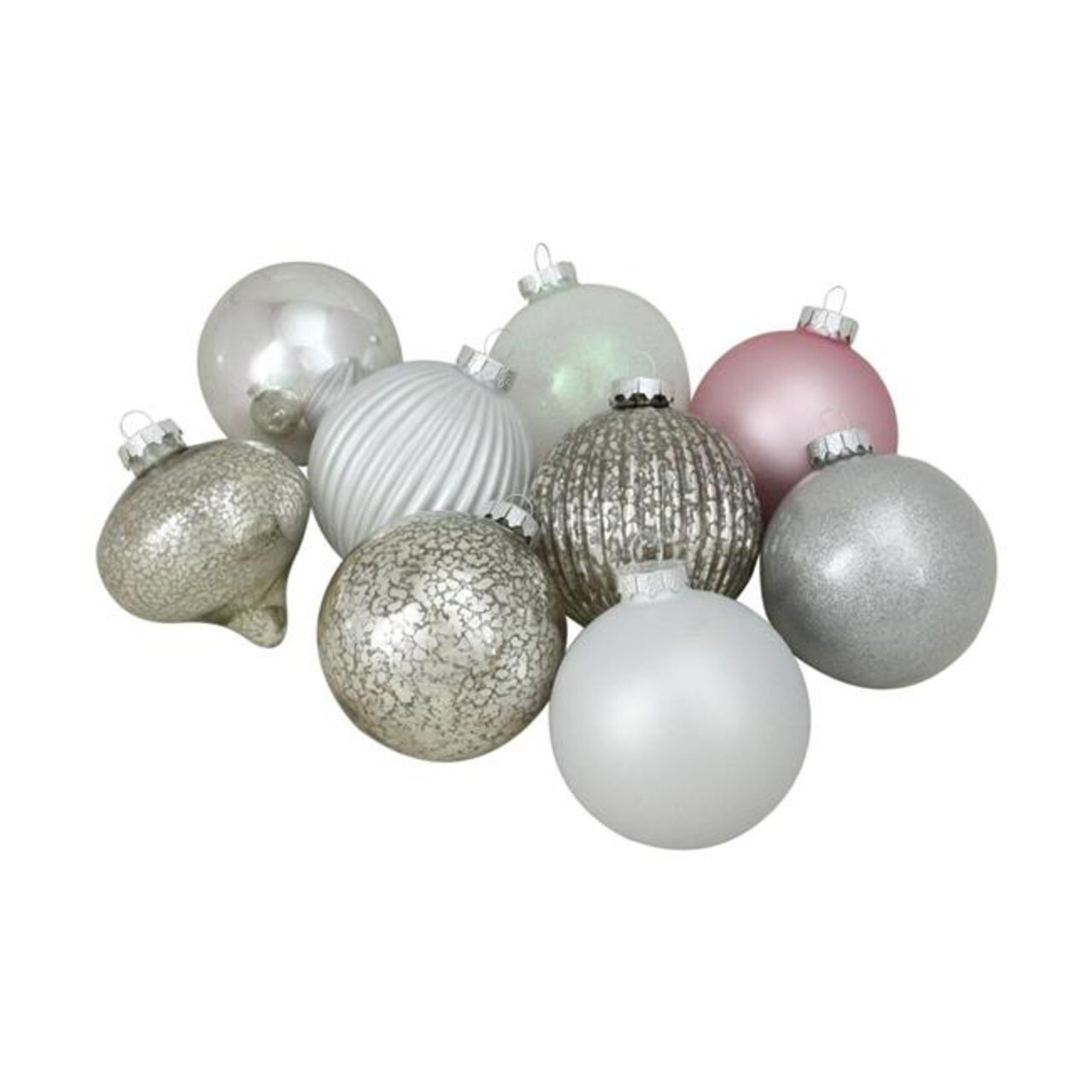 Northlight 32636327 9 Count Silver &#x26; Pink Multi-Finish Ball &#x26; Onion Shaped Christmas Ornaments, 4 in.